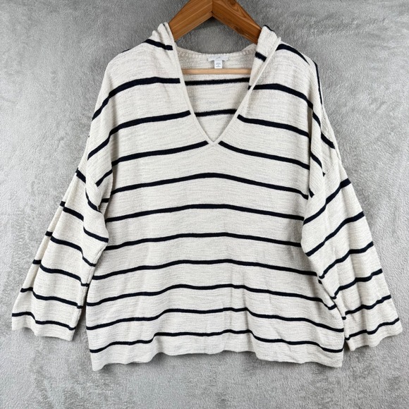 J. Jill Hooded Pullover Striped Sweater Womens 2XL White Blue Casual Soft - Picture 1 of 9